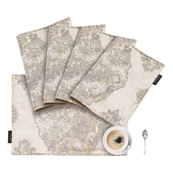 Loom and Mill Luxury Placemats, Set of 4 Classic Damask Jacquard Table Place Mats for Dining Table Kitchen Room Holiday Banquet Decorations, Double-Layer Dining Table Mats(Beige, 4pcs 12x18in)