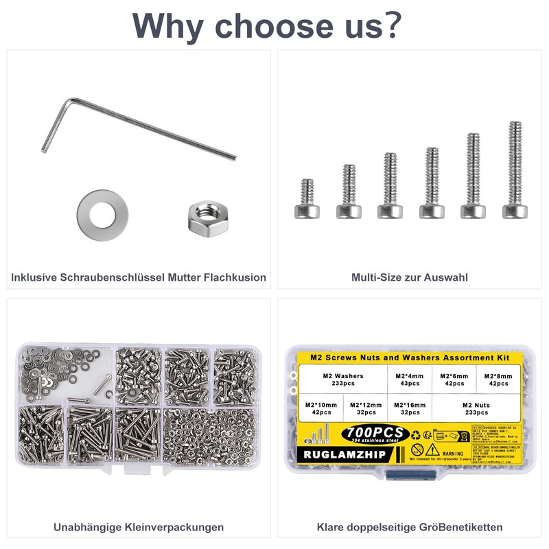 M2 Screws Set, Hexagonal Screws Nuts Set, Stainless Steel Cylinder