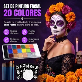 Pintura Facial y Pintura Corporal, Juego Profesional de Kit de 20 Colores de Pintura Facial y Corporal a Base de Aceite, Incluye 10 Pinceles, 5 Planti