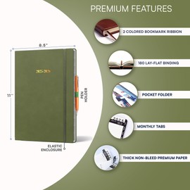 Ensight 2025-2026 HARDCOVER Leather Planner Weekly & Monthly - 8.5x11 Inches - Academic Planner Business Personal or Student - Pen Holder, Thick Paper, July 2025 - June 2026 (Olive Green)