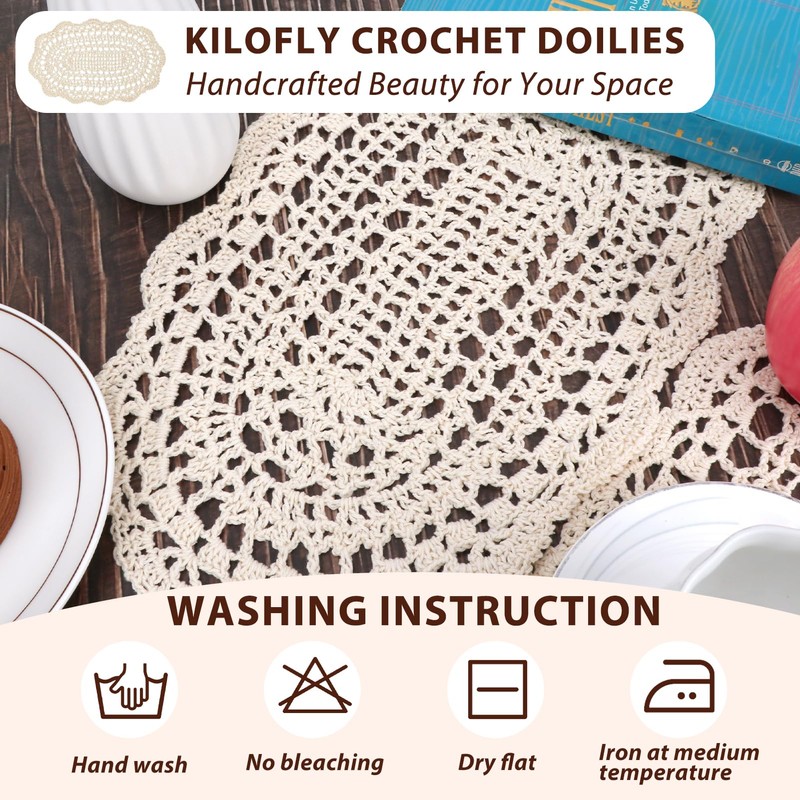 kilofly Crochet Cotton Lace Placemats Doilies 4pc, Oval, Beige, 7.8