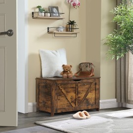 Kavonty Storage Chest, Storage Bench, Retro Toy Box Organizer with U-Shaped Cut-Out Pull, 29.5" L×15.7" W× 17.7”H, Entryway Storage Bench with 2 Hinges,Supports 300 lb, Easy Assembly, Rustic Brown