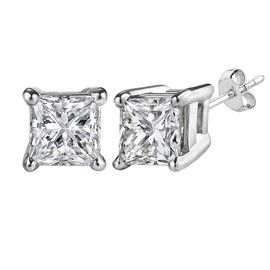 14k White Gold Princess Cut White Cubic Zirconia Stud Earrings, 6mm