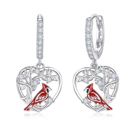 Red Cardinal Hoop Earrings for Women Dangle Sterling Silver 925 Cardinal Bird Earrings Cute Heart Cardinals Jewelry Remembrance Gifts
