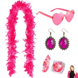 YOKJGHDO Set di 4 boa di piume rosa con occhiali a forma di cuore, orecchini e glitter per il corpo, 2 m, boa di piume rosa per costumi di carnevale, costume di carnevale, decorazione JGA, accessori
