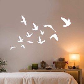 Flying Birds Wall Decal Set of 12 Vinyl Stickers for Office Home Decor Room Art (White)