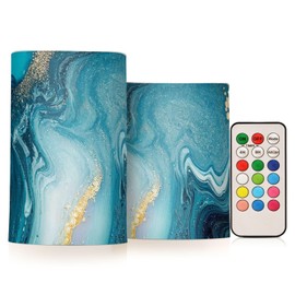 Qilmy Flameless Candles 2PCS,Abstract Ocean Marble Battery Operated LED Pillar Candles with Remote Control, Radiance Candles
