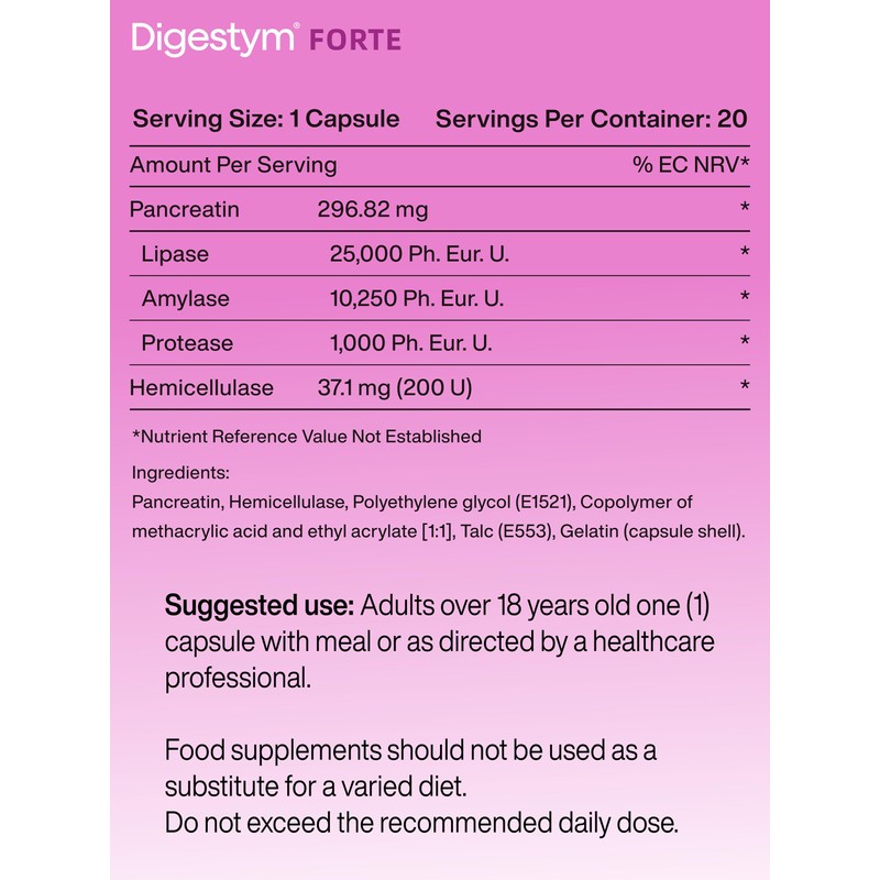 Digestym® Forte High-Strength Digestive Enzyme Complex with Pancreatin, Hemicellulase, 20