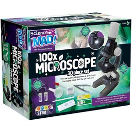 Science Mad 100x Microscope For Kids - Learn How To Magnify With Fun - Features Powerful Illumination, 100x Magnification, Slides and Tools Included, 6+ Years