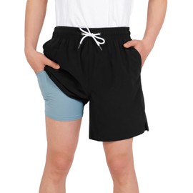 YoungSoul Boys' Quick Dry Swim Trunks Kids Swimming Shorts with Compression Liner 2 in 1 Swimwear Surfing Beach Shorts Black 9-10 Years Size 150