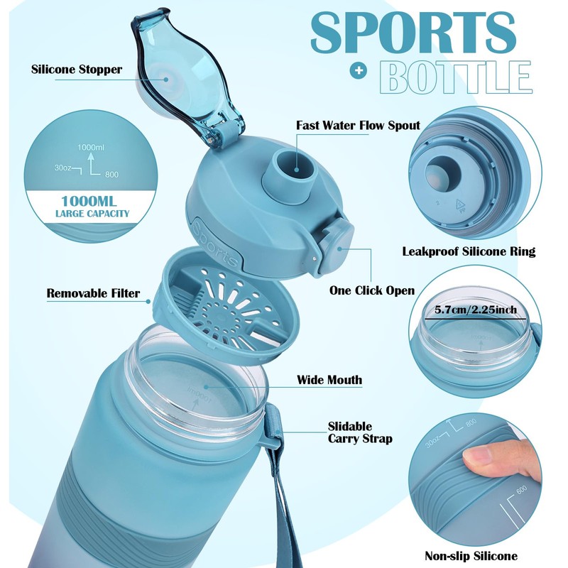 CodiCile Water Bottle, BPA Free 1l Water Bottle Leak Proof