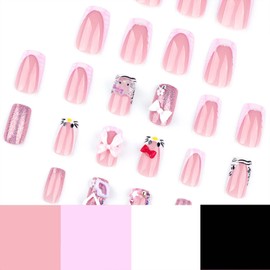 24PCS Nails French Tip - Pink French Tip False Nails - Square Press on nails Long Stick on Nails with 3D Cartoon Pattern Design Nail Art Glossy Full Cover False Nails with Glue