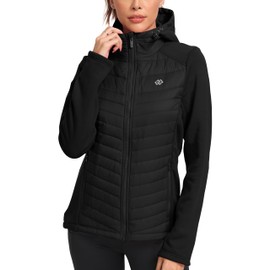 MoFiz Womens Fleece Lined Softshell Jacket Hooded Windproof Lightweight Insulated Puffer Hybrid Down Jacket Full Zip Running Coat Black 2XL