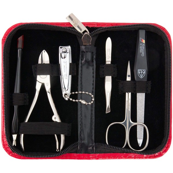 3 Swords Germany - brand quality 6 piece manicure pedicure grooming kit set for professional finger & toe nail care scissors clipper fashion leather case in gift box, Made in Solingen Germany (03706)