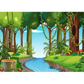 CORFOTO Jungle Forest Backdrop 8x6ft Fabric Nature Wild Scene River Pond Green Forest Photography Background for Safari Themed Birthday Party Supplies Zoo Party Banner Baby Shower Tropical Photo Props