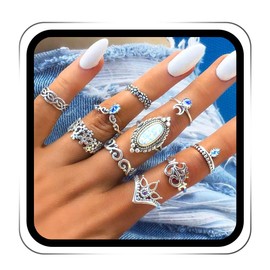 GRAEEN Knuckle Rings Moon Stackable Ring Crown Crystal Finger Ring Sets Jewelry for Women (Pack of 10) (Style 9)