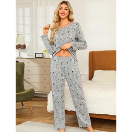 ENJOYNIGHT Womens Pajama Set Cotton Long Sleeve Pjs Two Piece Sleepwear with Pockets (Medium, Grey Cat)