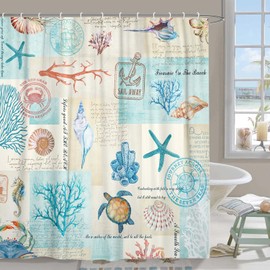 Nautical Coastal Shower Curtain, Beach Theme Shower Curtain Set for Bathroom, Vintage Sea Shell Turtle Fabric Shower Curtain Restroom Bathtub Decor Accessories with Hooks 72X 72 inch