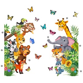 MagiMural - Calcomanías de pared de animales de la selva de dibujos animados, coloridas mariposas, jirafa, elefante, overol, tigre, pelar y pegar, decoración de pared para habitación de bebé