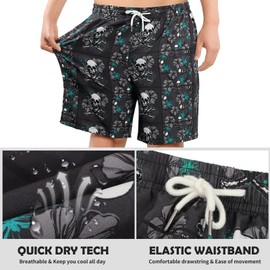 DUONITITI Mens Swim Trunks Compression Liner Bathing Swimsuits 7" Inseam Quick Dry Beach Board Shorts with Back Pocket Water Eyelet(Black Skulls,XXL)