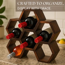 ixxora Handcrafted Acacia Wood Wine Stand/Rack, Modern Honeycomb Design, Free Standing Wine Storage with Burnt Brown Gloss Finish, Holds 6 Bottles, Perfect for Home Decor & Wine Gifts