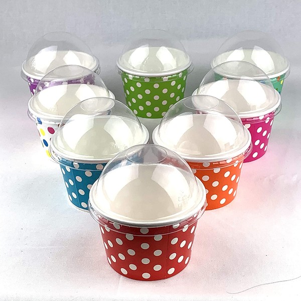 Worlds Paper Ice Cream Cups With Dome Lids No Hole And Plastic Spoons,Polka Dot 8oz Mix 25 Set