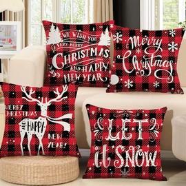 Christmas Cushions Covers Set Of 4, Christmas Decorations, Red Black Tartan Christmas Design Cushion Covers,Linen Xmas Cushions Covers,Christmas Pillows Cases For Home Indoor Sofa Cushions Decorations