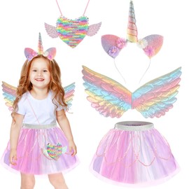 Beipegin Pack of 4 Unicorn Costume Children, Tulle Skirt Tutu Unicorn Headband Wings Princess Dress Girls Fancy Dress Box for Children Unicorn Cosplay Children's Birthday Carnival