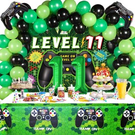 Vlipoeasn 90PCS 11th Birthday Video Game Party Decorations for Boys Set Green 11th Birthday Supplies -11th Video Game Backdrop, Balloons, Tablecloth, Gamer and 9 Foil Balloons for 11th Birthday Party