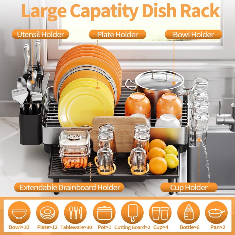 Urackify Dish Rack for Kitchen Counter, 304 Stainless Steel Dish
