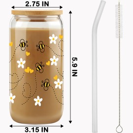 Gift For Women, Her - Birthday Gifts for Women Friendship - Unique Gifts For Women, Friends, Bestie, Bff, Soul Sister, Work Bestie - Honey Bee Daisy 16 OZ Iced Glass Can Tumbler with Lid and Straw