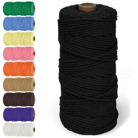 Swpeet 100m Black Macrame Cord, Cotton Rope Colorful Cotton Craft Cord, Natural Craft Cord String Yarn Ideal for Wall Hanging, Plant Hangers, Crafts, Knitting, Decorative Projects