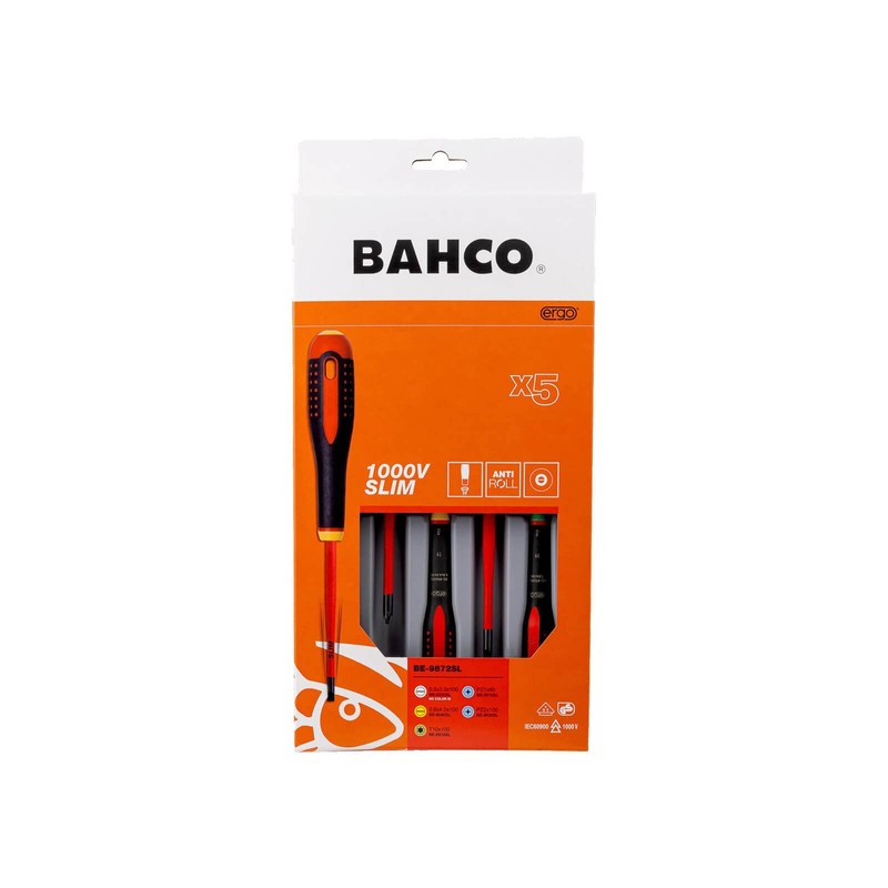 Bahco BE-9872SL Ergo 5 Piece VDE Insulated Slimline SL/PZ/TX Screwdriver