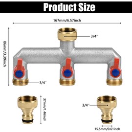 3/4 Inch 3 Way Brass Tap Splitter, Hose Tap Splitter Connection with 3 Individual Valves On/Off and Three Quick Connector for Garden Kitchen Faucet Watering System