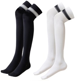Dress Cici Thigh High Compression Stockings for Women, Stripes Thigh High Compression Socks (2 Pack: Black+White)