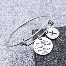omodofo Bible Verse Bangle Bracelet Cross Charm Confirmation Bracelet Scripture Jewelry (Philippians 4:13)
