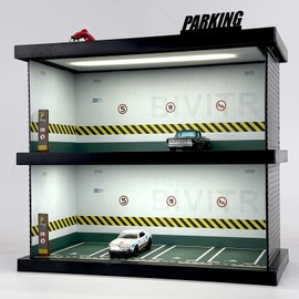 Hot Diecast Wheels Display Case - 1/64 Scale Die-cast Model Car Display Case with LED Light and Acrylic Cover, Wooden Parking Garage in 3 Floors with 10 Parking Spaces (2f-Green)