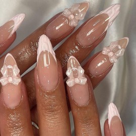 GlamRays 24 Piece French Tip Press on Nails Medium Sized Cute Fake Nails Almond Stick on Nails with Pink Bow Decorations Glossy Nude Full Cover Art Nails