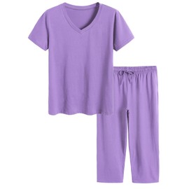 Latuza Women's Cotton Pajamas Set Tops and Capri Pants Sleepwear, Purple, Large