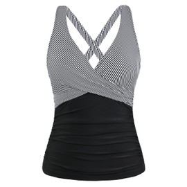 Firpearl Women Underwire Tankini Top Only Twist V Neck Swimsuits for Big Busted Ruched Tummy Control Bathing Suits Top, Black Stripe, 10