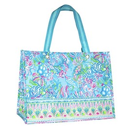 Lilly Pulitzer Blue/Green XL Market Shopper Bag, Oversize Reusable Grocery Tote with Comfortable Shoulder Straps, Aqua La Vista