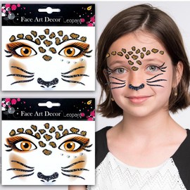 Leopard Face Tattoo Stickers Tiger Lion, Leopard Print Cat Face Gems for Women Party Birthday Cosplay Face Temporary Tattoo for Makeup 2 sheets (style 1)