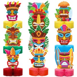 Geyee 9 Pcs Hawaiian Luau Honeycomb Centerpiece Tiki Tropical Table Toppers Party Decorations Luau Double Side Table Paper Toppers Signs for Hawaii Birthday Beach Pool Party Supplies