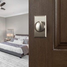 Bravura Hardware 906 Macon Knob Passage Lockset with Modern Rectangle Trim Door Knob for Hallway/Office, Satin Nickel