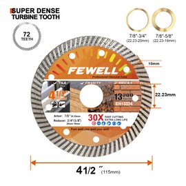 FEWELL 4.5Inch Super Thin Diamond Ceramic Saw Blade, Turbo Blade Cutting disc for Porcelain, Ceramic Tile Granite Brick and Concrete 115x10x22.23 mm (3-Packs)