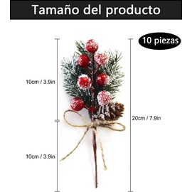10 Pinos Navideños Artificiales, Ramas De Pino Navideño con Bayas Rojas y Piñas para Decoración De Árbol De Navidad, Manualidades y Centro De Mesa