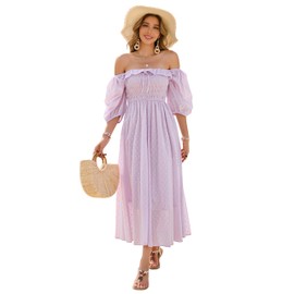 R.Vivimos Women Summer Half Sleeve Cotton Ruffled Vintage Elegant Backless A Line Flowy Long Dresses (X-Large, Purple#1)