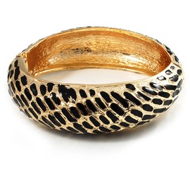 Avalaya Chunky Wide Gold Plated Black Enamel Animal Pattern Hinged Bangle Bracelet/Size M/L