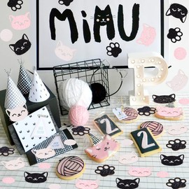 Sursurprise Kitten Confetti, Pack of 200 Pink Black and White Glitter Cat Circle Dot Paw Table Scatter for Cat Themed Party Decoration