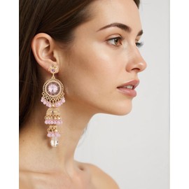 ALRNBY Indian Earrings for Women Jhumka Earrings Chandelier Earrings Dangle Tassel Green Pink Rhinestone Earrings (Color1 Pink)